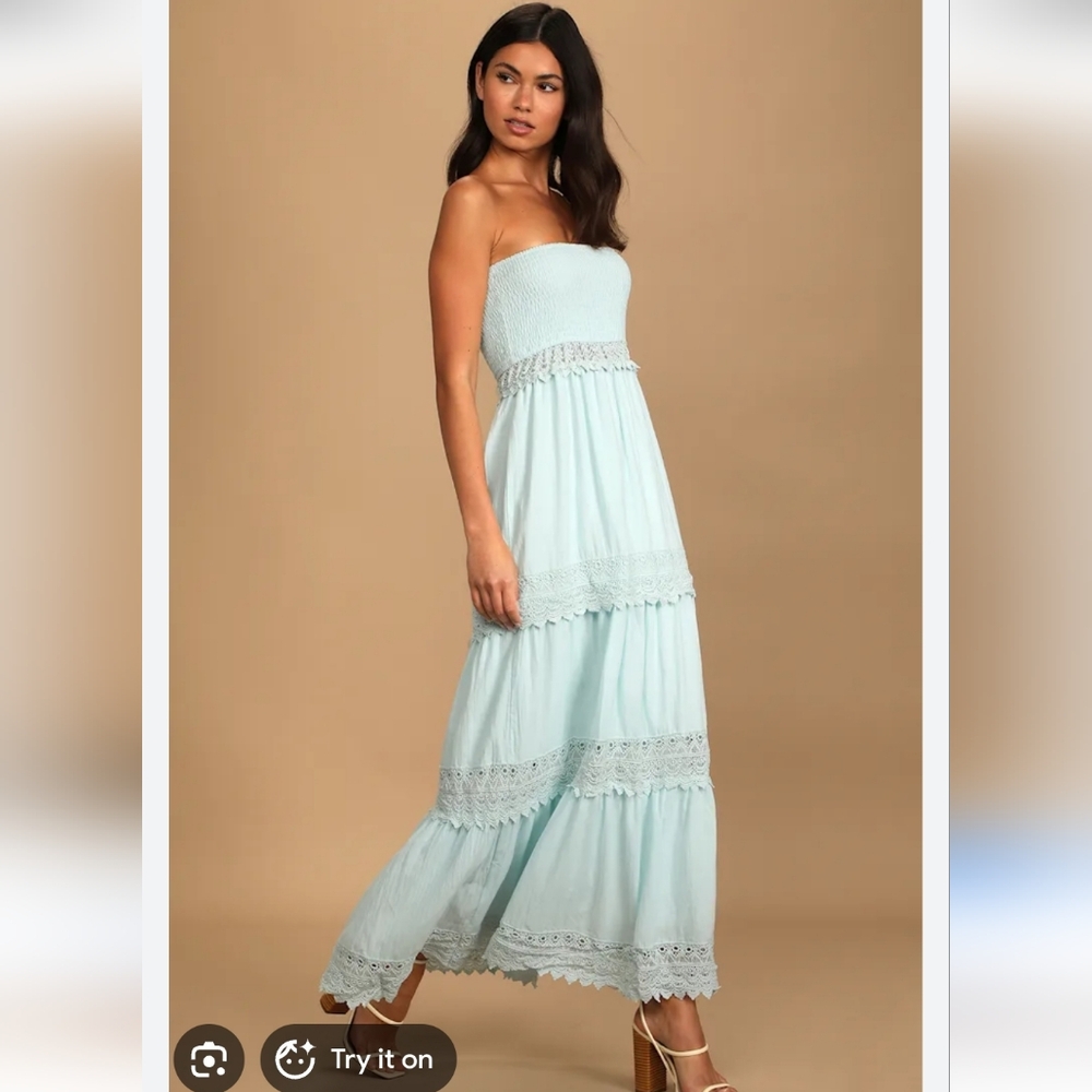 Light Blue Lace-Trim Maxi Dress